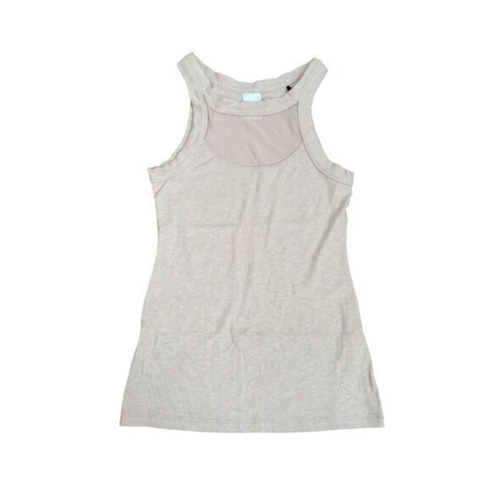 Womens Ribbed Racerback Tank Top Beige Sleeveless Lightweight Stretchy Mesh Deta